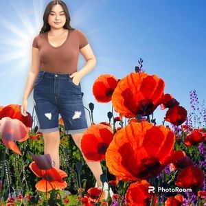 🛑Slightly Strech High Rise Dark Wash Distressed Denim shorts